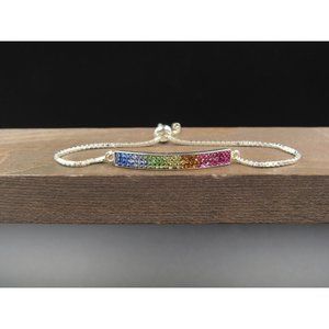 7" Sterling Silver Colorful Small Crystals Adjustable Bracelet Vintage Elegant